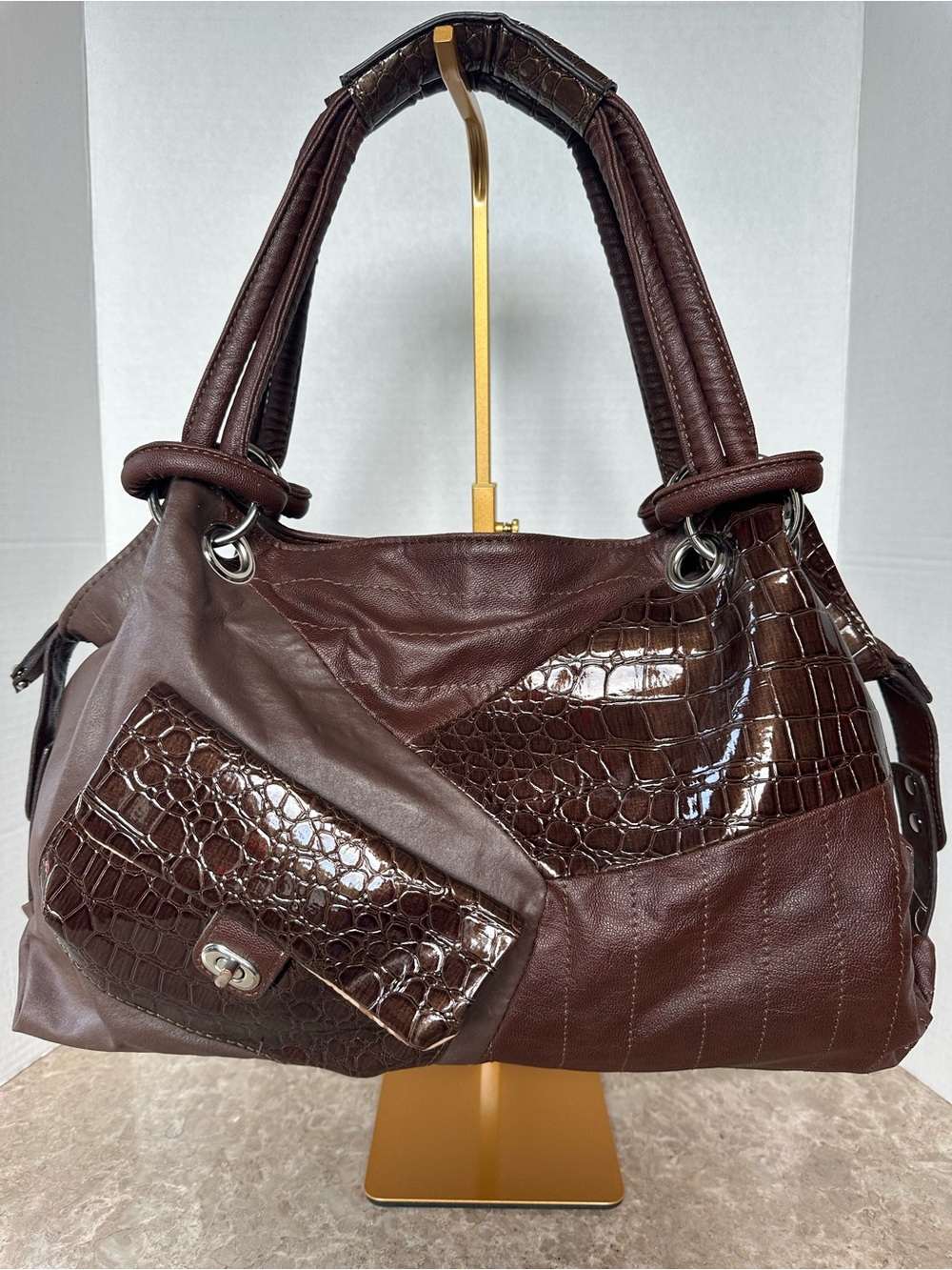 Retro Slouchy XOXO Patchwork Croc Embossed Hobo Bag Y2K Mcbling Leopard Lining